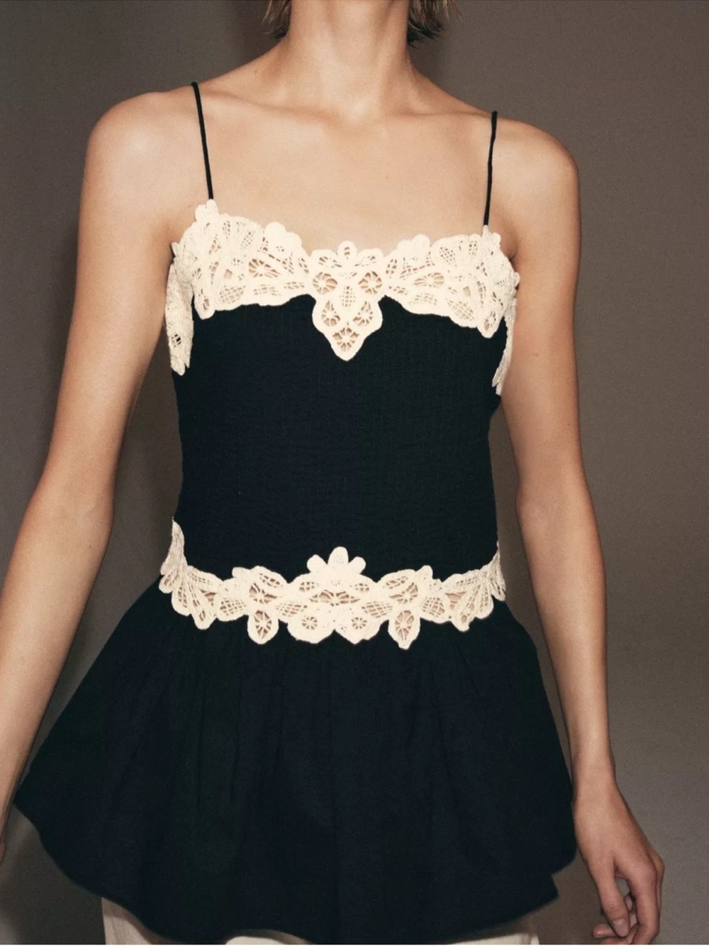 Zara NWT Black Lace-Trim crochet top with Cream Crochet Detail